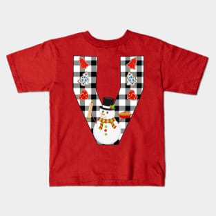 BW Buffalo Checks Pattern Monogram V | Snowman Kids T-Shirt